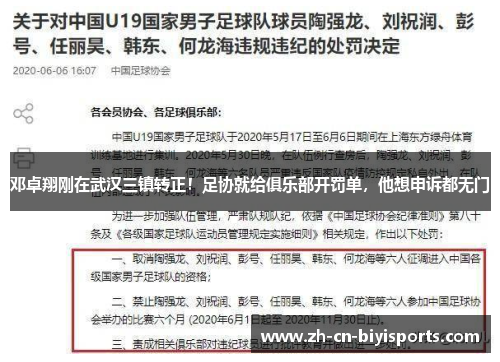 邓卓翔刚在武汉三镇转正！足协就给俱乐部开罚单，他想申诉都无门